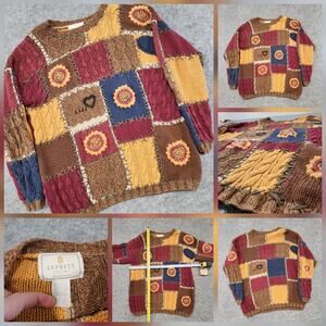 VTG Express Tricot Womens L Large Hand Knitted Chunky Colorful Sunflower Sweater